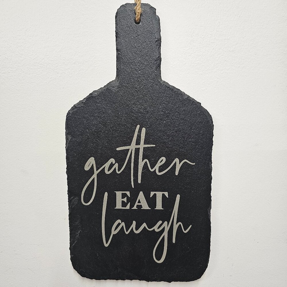 "Gather, Eat, Laugh" Paddle Style Hanging Slate KItchen Decor Board